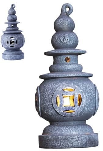 Hbbgdiy Waterproof Solar Japanese Pagoda Lantern Statues, Decorative Stone Garden Lantern for Yard Lawn Patio Balcony Outdoor Lighting & Zen Decor