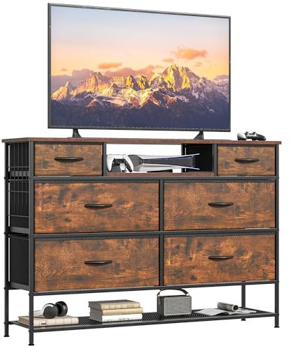 cointwo Chest of Drawers Bedroom with Shoes Shelf, 47.2”Wide Fabric Dresser with 6 Drawers, TV Stand with Open Storage Shelf, Multi-function Storage Cabinet for Bedroom, Living room, Hallway, Brown