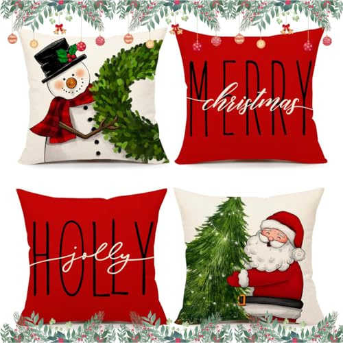 Wulcea Weihnachtskissen Kissenbezug Weihnachten 40x40 cm Weihnachtsschmuck | Christmas Decorations KissenhüLle Weihnachtskissenbezug Dekokissen Winterdeko Schneemann Rot Pillow Cushion Covers 4 Stück