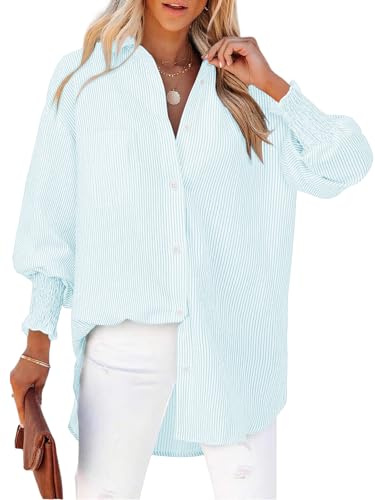 Cuptacc Blusa Mujer Manga Larga Elegante Cuello V Camisas Elástico Puños Plisados Mujer Moda Raya Ligero Túnica Sin Arrugas Blusas Rayas Azul Cielo XXL