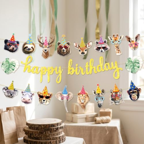 JeVenis decoración fiesta cumpleaños selva cartel feliz cumpleaños banderín | decoración fiesta cumpleaños selva cartel feliz cumpleaños banderín animales safari guirnalda papel