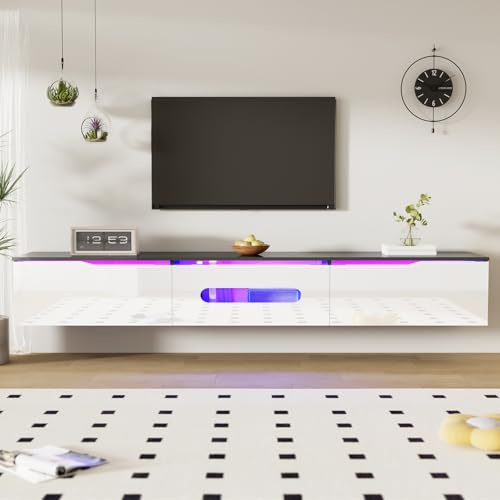 Meuble TV Bas avec LED, Meuble TV Moderne avec 3 Compartiments de Rangement, Meuble Télé pour Salon et Chambre à Coucher,180x35x30cm, Suspendu ou au Sol (C)