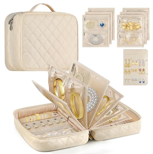 Auluda Estuche Organizador de Joyas de Viaje,Bolsa de Almacenamiento con Cremallera y Bolsillos de Terciopelo para Pendientes,Collares,Pulseras,Anillos,Reloj (Beige)