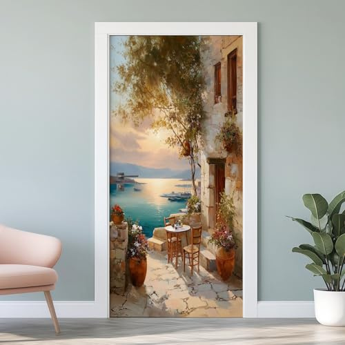 Strand Küste 3D Türaufkleber, Meerblick Türtapete Selbstklebend Abnehmbare Fototapete, Toskana Italien PVC Wasserfest Wandtattoo Türfolie für Heimdekoration, 95x210 cm G6s51