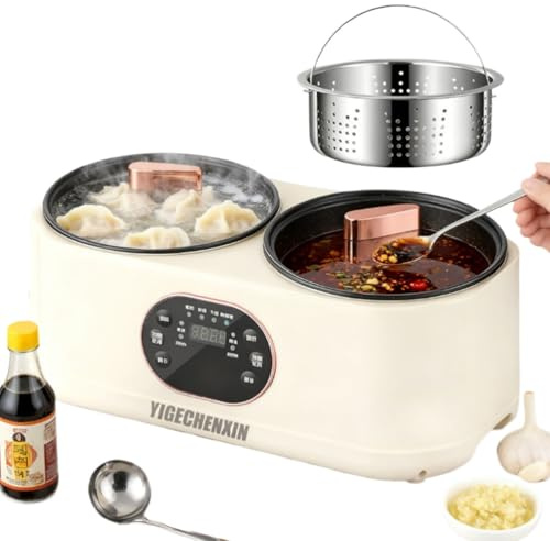 YIGECHENXIN Arrocera de Doble cocción, Olla eléctrica Multifuncional de 1200W con Doble Capa, Olla de cocción Lenta Doble con 1 vaporera, para preparación de Comidas Familiares
