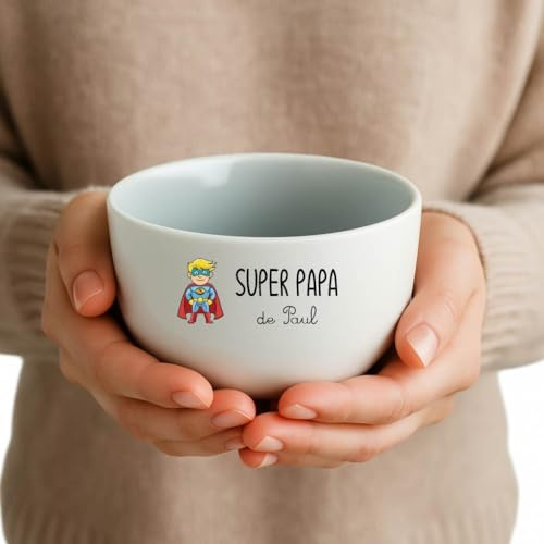 Générique Bol Super Papa personnalisé avec prénom – 500 ml – Cadeau Noël, Fête des Pères ou Anniversaire – Bol céramique blanche