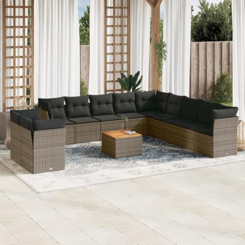 QJBSAVVA 12-TLG. Gartenmöbel Set Poly-Rattan in Grau mit Akazienholztisch 62 x 62 x 69 cm Outdoor Lounge Sitzgruppe platzsparend für Balkon Terrasse und kleinen Garten