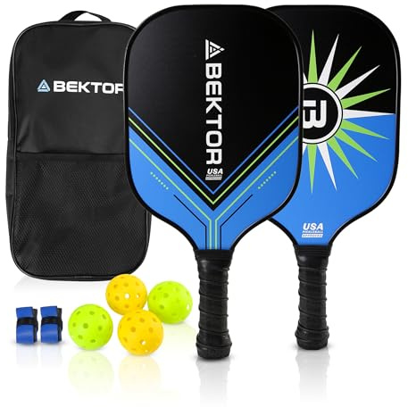 BEKTOR Set Pickleball Completo con Palas de Fibra de Vidrio – 2 Palas, 4 Pelotas, Bolsa de Transporte y Overgrips – Kit Pickleball para Todos los Niveles