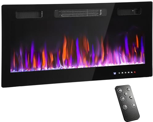 HOMCOM Camino Elettrico da Parete 900/1800W Riscaldamento Ultra Sottile 9.4cm, 12 Colori Fiamma 3D e Cristallo Regolabile, Caminetto Elettrico con Telecomando, Touchscreen, Timer, Termostato, 30㎡ Nero