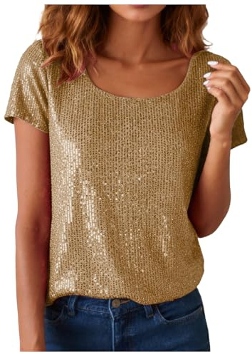 Glitzer T-Shirt Damen Pailletten Oberteil Bluse Modisches Kurzarm Glitzer Tops Rundhals Tunika T-Shirt Tops Freizeit Party Festival Club Bluse Top Karneval Kleidung Streetwear