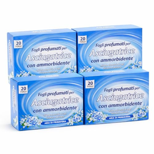 Set 4 Confezioni Fogli Profumati con Ammorbidente per Asciugatrice – 80 Fogli Totali – Antistatici, Profumazione Delicata e Persistente, Stiratura Facilitata, Biancheria (Aria di Primavera)