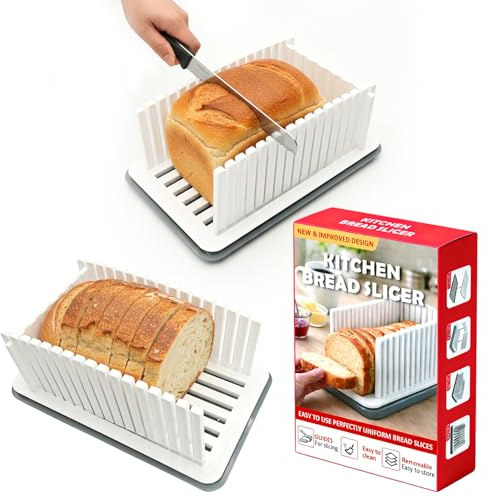 Bread Slicer for Homemade Bread, Adjustable Width Slicing Guide, Foldable and Compact Cutting Guide with Crumb Tray, Suitable for Homemade Bread, Bagels, Cakes