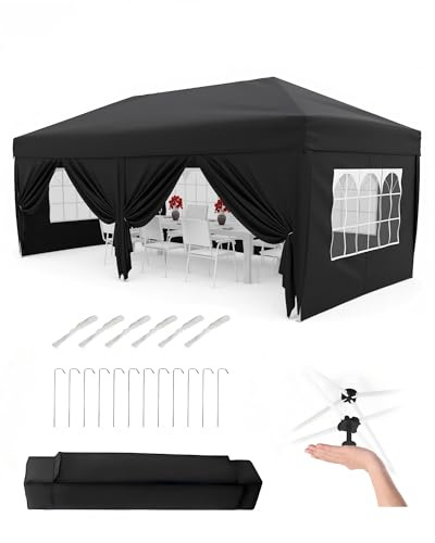 Faltpavillon 3x6 m wasserdicht stabil mit 6 Seitenwänden – Pop up Pavillon faltbar aus 420D Oxford, UV-Schutz 50+, 3-Fach höhenverstellbar, Partyzelt mit Tragetasche für Garten & Outdoor Schwarz