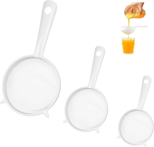 3 Stück Küchensieb Kunststoff Set 13.5cm 8.8cm 5.8cm Feinmaschig mit Griff, Plastiksieb Set 3 Größen Rutschfest Langlebig Lebensmittelecht Küchenhelfer, für Kefir Saft Tee Kaffee Mehl Küche