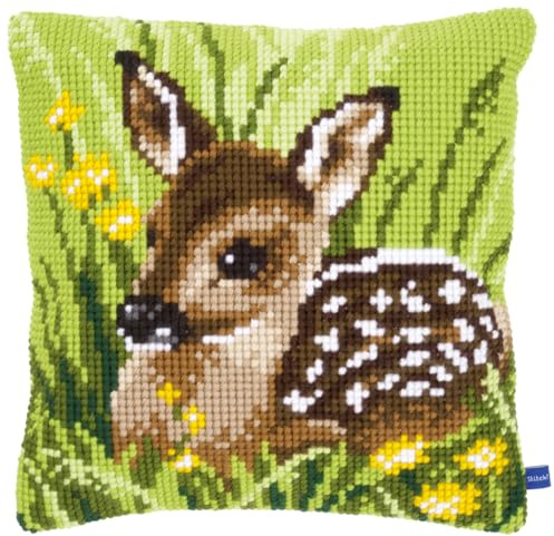 Vervaco Kreuzstich Stickpackungen Kissen Stickerei Set Anfänger Vorgedruckt Rehkitz DIY Set Kreativ Set Für Erwachsene Dekoratives Kissen ca. 40 x 40 cm Bastelset Handwerker Haus Dekoration