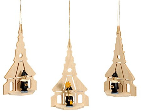 Rudolphs Schatzkiste Baumbehang Seiffener Kirche 3 Stück mit Kurrendefigur Höhe 8,5 cm NEU Christbaumschmuck Weihnachten Baumschmuck Holzschmuck Holz Seiffen Erzgebirge Strauchbehang Dekorat