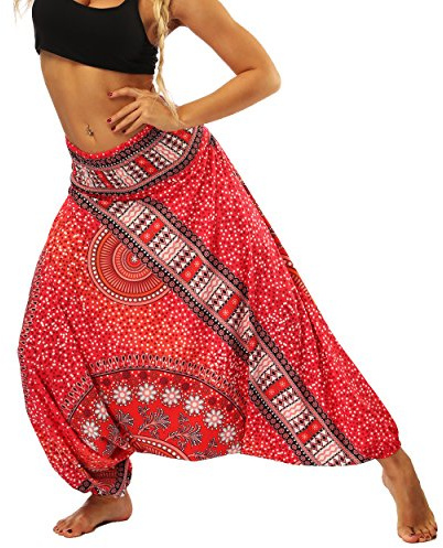 Nuofengkudu Mujer Pantalones Sueltos Hippi Tailandeses Estampado Verano Cintura Alta Elastica Entrepierna Baja para Yoga Casual Rojo Flor