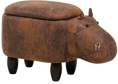Beliani Petit Tabouret Pouf pour Enfant 35 cm de Hauteur en Forme d'Hippopotame Cuir PU Marron avec Coffre de Rangement et Pieds en Bois