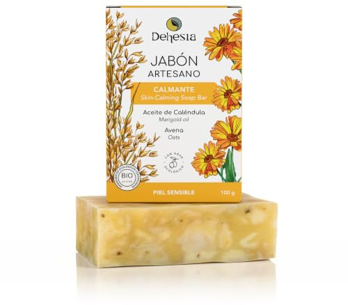 Jabón natural y ecológico calmante para pieles sensibles | Sólo con ingredientes naturales, 100% vegano y sin aceite de palma | Con aceite de oliva v. e., coco, aloe vera, caléndula y mandarina