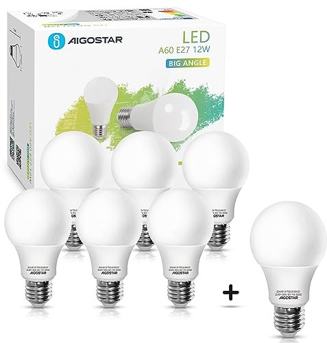 Aigostar LED Leuchtmittel E27 Kaltweiß 12W, Birnen ultrahell Licht 6500K 1170 Lumen, Abstrahlwinkel 280 Grad Tropfen Energiesparlampe, Nicht Dimmbar, 7er Verpack