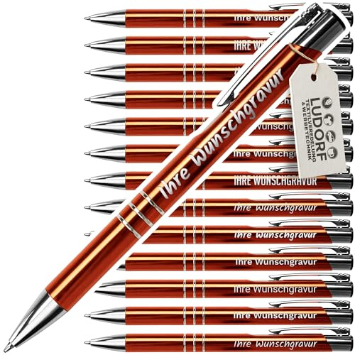 #teamludorf 25x Metall-Kugelschreiber mit Wunsch-Gravur - Personalisierte Kulis - Stift mit Namen - 14 Farben & 20 Schriftarten - 25 Stück - Orange