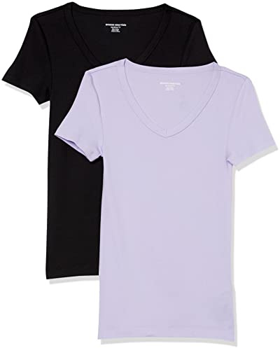 Amazon Essentials Women's Kortärmad V-ringad T-shirt smal passform, Pack of 2, Lavendel/Svart, XL