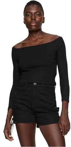 Urban Classics Ladies Off Shoulder Rib Longsleeve, T-Shirt Donna, Nero, S