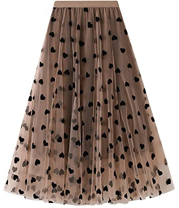 Falda midi de tul con diseño de corazón kawaii para mujer, cintura elástica alta, una línea de verano, falda de malla, Caqui, Talla Única