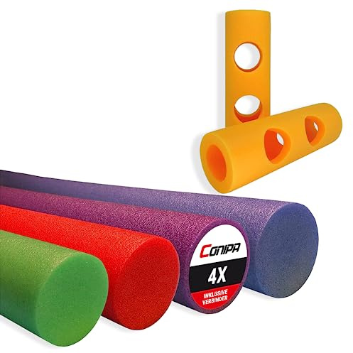 Conipa® - 4 Stück Schwimmnudel (160 x 7 cm) für Kinder & Erwachsene INKL. Loch-VERBINDER (Schaumstoff) - Poolnudel Set ab 3-10 Jahre (Made IN Europe) - Pool Wassernudel & Spielzeug