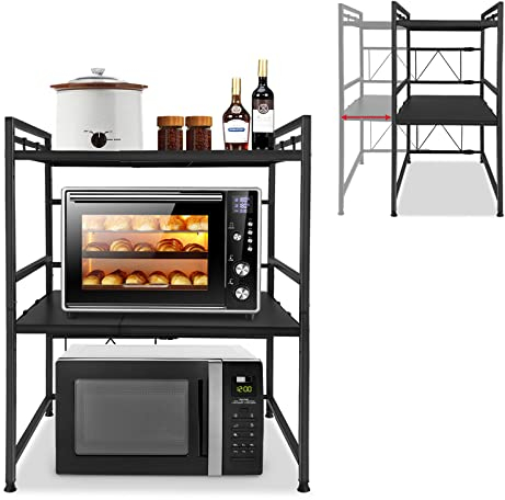 UISEBRT Erweiterbares Mikrowellen Regal mit 8 Haken, 3-Stufiges Mikrowellenständer Standregal Mikrowellenhalter Bäcker Regal Organizer für Küchenarbeitsplatten, Schwarz