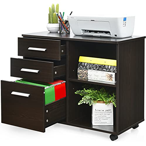 COSTWAY Rollcontainer mit 3 Schubladen, mobiler Aktenschrank mit Rädern, Büroschrank Druckerständer mit offenen Ablagefächern, multifunktionaler Aufbewahrungsschrank für Büro, Zuhause (Braun)