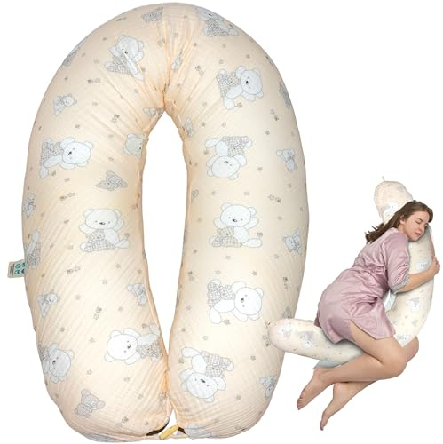 sei Design Cojín de lactancia XXL de 190 x 30 cm, con funda de muselina, ergonómico, para embarazadas, para dormir de lado, para adultos, funda de lactancia de 100 % algodón orgánico