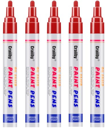 Red Paint Markers, 5 Pack Oil-Based Waterproof Quick Dry Permanent Paint Pen Set for Rocks Painting, Wood, Fabric, Plastic, Canvas, Glass, Mugs, Metal, Tire, Stone, DIY Craft