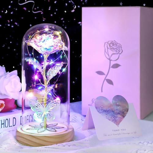 DOUUCO Preserved Rose Gifts for Women, Light Up Rose for Mothers Day Rose, LED Eternal Galaxy Rose in Glass Dome Preserved Flower Valentine's Day Birthday Gifts for Her Mum Wife Friends