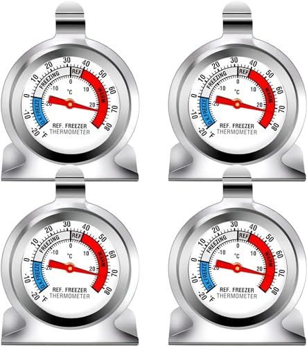 FEISIGE 4 Pack Refrigerator Freezer Thermometer - Large Dial Stainless Steel Thermometer with Hanging Hook and Stand, Classic Series for Accurate Temperature Monitoring