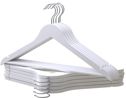 PORTENTUM Grucce in Legno, Confezione di 10, Bianco - Gancio Girevole 360º, Intagli per Vestiti e Camicette, Barra Antiscivolo per Pantaloni, Adatte per Abiti, Camicie, Giacche