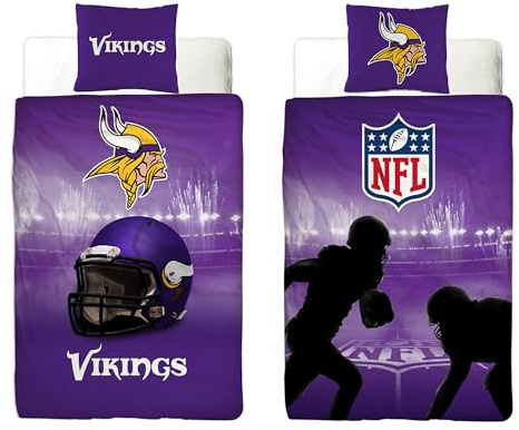 NFL Parure de lit Minnesota Vikings 135 x 200 cm + 80 x 80 cm 100 % coton renforcé de qualité avec fermeture éclair pour fan de football américain Super Bowl Viktor Viking Ragnar Housse réversible