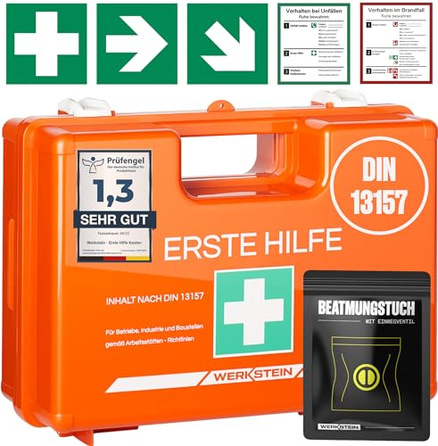 Erste Hilfe Kasten DIN 13157:2021 I Inkl. Beatmungstuch, praktischer Wandhalterung, 5x Aufkleber & Plombe I Erste Hilfe Koffer für Betriebe, Einrichtungen & Zuhause I Verbandskasten