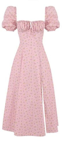 HNFYSMQL Milk Maid Dress for Women, Milkmaid Dress Women, Summer Puff Sleeve Floral Split Maxi Dress Boho Casual Beach Dress