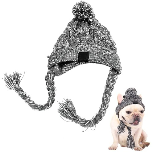 ACTOYS Bonnet pour Chien Chaud et Moelleux, Gris (M) avec Trous d'oreilles et Long Tressage