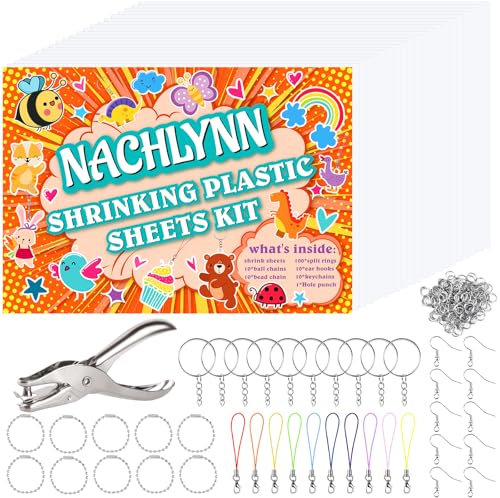 NACHLYNN 156 Stück Schrumpffolie Set, Schrumpffolie mit 15 Schrumpffolie Set Schlüsselanhänger Schrumpfsets für Kinder Kreatives Basteln Ornamente Basteln