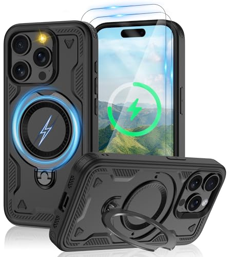 Jshru 3 in 1 Magnetic for iPhone 15 Pro Case,Compatible with MagSafe | Built-in Stand | 2 Pack HD Screen Protector,Military-Grade Shockproof Protective Cover for iPhone 15 Pro,Black