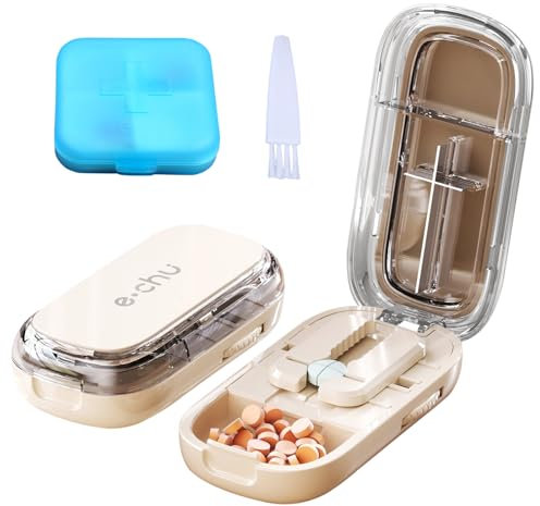 VEGCOO Tablettenteiler für Alle Tabletten, Tragbarer Pillensplitter, Pillenschneider mit Aufbewahrungsfach, Multifunktionaler Pillenschneider für Alltag und Reise