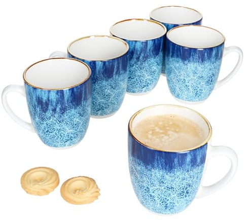 MamboCat Marina 6er Set Kaffeebecher I 320 ml I Blaue Porzellan-Becher mit maritimem Design für 6 Personen I Ozean-Dekor, Gischt I Tassen für Heißgetränke wie Tee, Kakao & Co