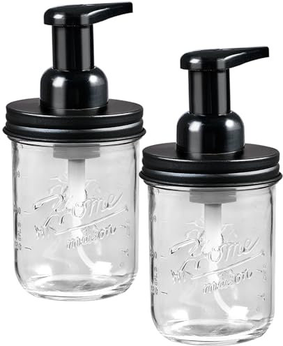 SheeChung Mason Jar Foaming Soap Dispenser, Glass Foaming Hand Soap Dispensers, Stainless Steel Lid, Refillable Foam Soap Dispenser for Bathroom Kitchen, Farmhouse Bathroom Decor (2 Pack, Black)