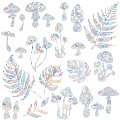 31 Pieces Mushroom Leaves Sun Catcher Window Clings for Glass Windows, Anti-Collision Stickers Decals Prevent Bird Strikes,Rainbow Prismatic Window Clings Non Adhesive