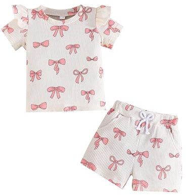 Winmany 2 stycken småbarn baby flicka sommarkläder liten flicka söt rosett kortärmad topp skjorta kläder set med fickor, Beige, 12-18 månader