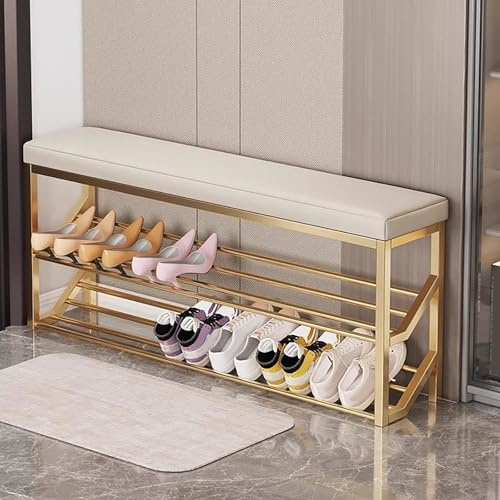 BAYTEWJX Upholstered Shoe Rack Bench Metal Shoe Storage Rack 2-Layer Shoe Changing Bench Easy to Install for Entryway Bedroom Living Room.(Off-White,39.4x7.9x18.9in)
