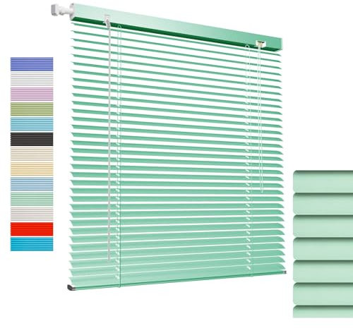 Aluminum Mini Blinds No Drill, 1 Slat Horizontal Venetian Window Blinds & Shades, Cordless Darkening Privacy Custom Blind for Indoor Windows Home Office Room Easy Install(Green)
