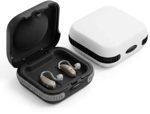 2-Pack Hearing Aid Case (Black & White) - Shockproof Storage Box with Silicone Air Cushion to Prevent Damage, IPX4 Water-Resistant Hard Shell Holder with Keychain Loop for Travel, Earbuds